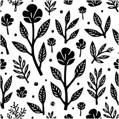 Botanical black and white seamless pattern with flowers and leaves decoration