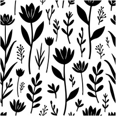 Monochrome floral pattern design, seamless botanical repeat, black and white art