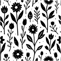 Elegant black and white floral pattern with a seamless repeat, nature inspired