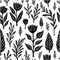 Elegant botanical seamless pattern: black floral elements on a clean white background