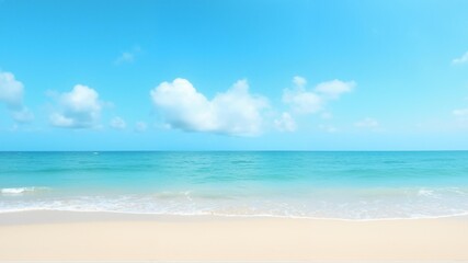 A perfect beach day The sky is blue with some clouds and the waves are small as they come up on an empty sandbar foaming white where they meet the shore