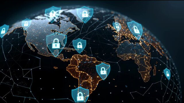 Global Security Shield: A digital representation of a secure world, where data is shielded by protective barriers, signifying the importance of cybersecurity and safeguarding global connectivity. - Powered by Adobe