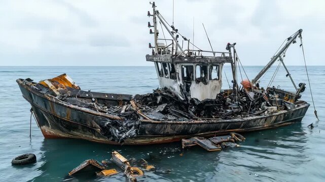 Burnt fishing boat wreck floating on calm sea with scattered debris, damaged rusted vessel and abandoned shipwreck in ocean water under cloudy sky