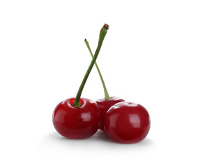 Many fresh ripe cherries isolated on white