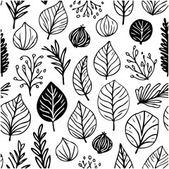 Elegant Hand-Drawn Floral Pattern with Leaves and Berries for Backgrounds or Textiles