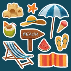 Set of stickers with beach images, sea illustrations for your design