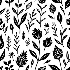 Elegant floral pattern with intricate leaves and blooms in black and white design