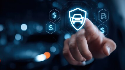 A hand interacts with a digital interface displaying car insurance and financial icons in a futuristic, tech-driven environment.