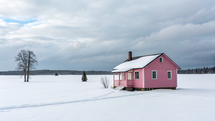 Pink hut in the white snow winter 