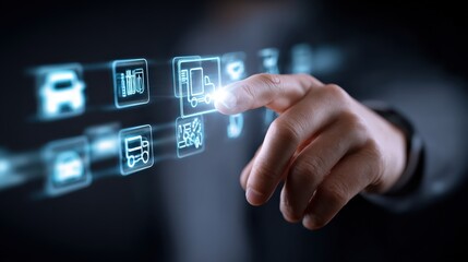 A hand interacts with a futuristic virtual interface displaying logistics and delivery icons in a high-tech digital environment.