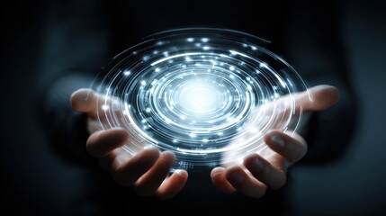 Hands holding a glowing, futuristic digital orb with concentric light rings and data points, symbolizing technology and innovation.