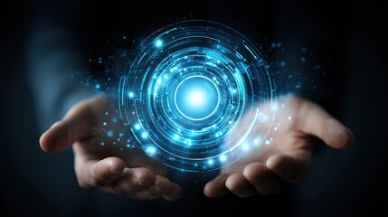 Futuristic hands holding a glowing digital hologram with circular technological patterns and blue light effects.