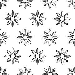 Seamless Floral Pattern with Simple Hand-Drawn Chamomile Flowers on White Background