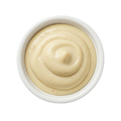 Creamy mustard sauce in a white bowl, ready for culinary use, with a clean background