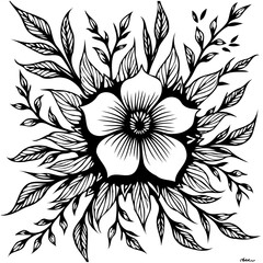 Floral illustration with central blossom and surrounding foliage in black and white