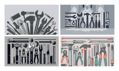 An assortment of various hand tools including wrenches, hammers, and screwdrivers are arranged together