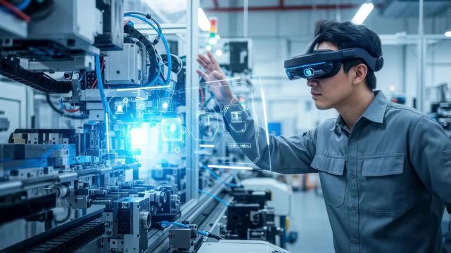 Asian engineer wearing ar glasses interacting with futuristic interface, controlling machinery in modern factory highlighting industrial automation technology