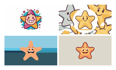 A cartoon starfish with a happy face isolated on white background is surrounded by bubbles