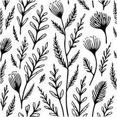 Elegant botanical seamless pattern with hand-drawn flowers and branches illustration