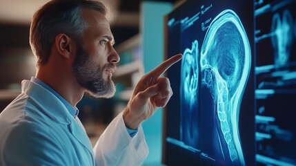 Doctor pointing at brain scan on monitor with serious expression in medical office setting analysis