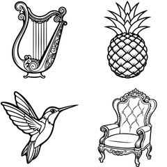 Vector art of an ornate harp, tropical pineapple, flying hummingbird, and a vintage armchair