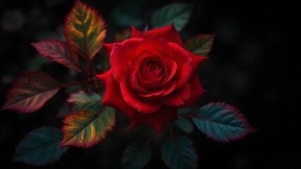 A red rose with colorful leaves