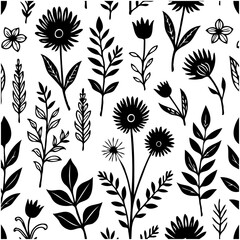 Seamless floral pattern in black and white with various flower and leaf shapes