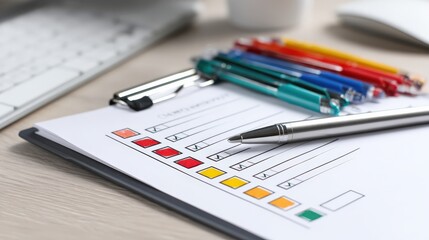 Clipboard with a color-coded checklist and a pen, placed on a desk near a keyboard.