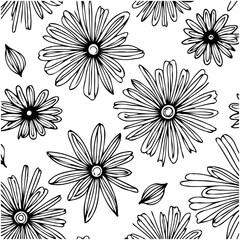 Hand-Drawn Daisy Pattern for Textile Design or Backgrounds with Botanical Elements