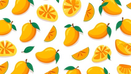 Seamless Mango Pattern with Sliced Fruits and Green Leaves on White Background Flat Vector Design, Digital Wallpaper