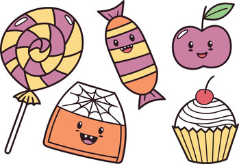 Cute Halloween Sweets and Treats Set with Candy and Desserts. Kawaii Halloween Candy and Dessert Set with Cute Faces. Adorable Halloween Sweets Treats Collection with Candy Corn and Cupcakes