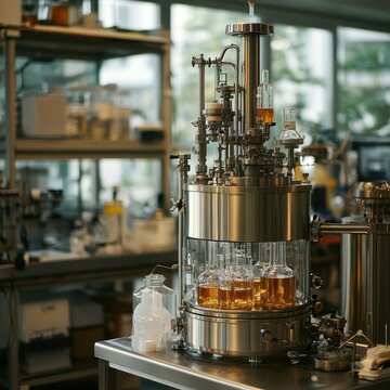 Laboratory Equipment with Glass Bottles and Scientific Apparatus