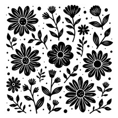 Elegant floral pattern in black and white with diverse flowers and foliage shapes