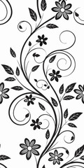 Seamless Floral Elegance in Monochrome: An elegant, swirling floral pattern blooms across a pristine field. Its intricate design evokes a sense of delicate beauty and timeless grace.