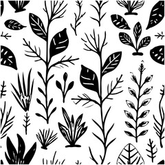 Botanical Black and White Seamless Pattern with Leaf and Twig Illustrations
