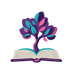 Knowledge tree sprouting from open book in vibrant purple, teal and pink color palette, flat vector style for educational posters, sustainability projects and library decor on transparent background