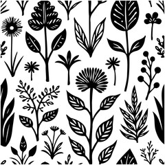 Elegant botanical vector pattern with assorted plants and floral designs, in monochrome