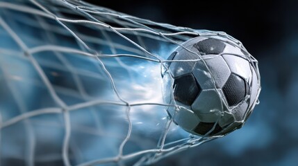 The soccer ball hits the net in an exciting moment of the game.