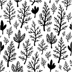 Enchanting Forest: Black and White Seamless Pattern of Trees and Leaves Illustration