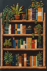 Colorful embroidery of a bookshelf with books and plants, capturing craftsmanship and creativity.