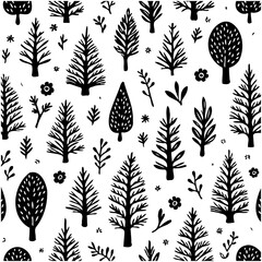 Whimsical forest pattern with hand-drawn trees and foliage in monochrome style