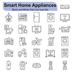 Black and white flat line icons of smart home appliances and technology vector 1