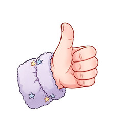 Cute Cartoon Thumbs Up Gesture; Pastel Purple Fuzzy Cuff; Positive, Playful Mood;  Social Media Icon;  Approval Graphic.