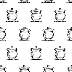 Seamless pattern of pots with lids, kitchenware and utensil background design