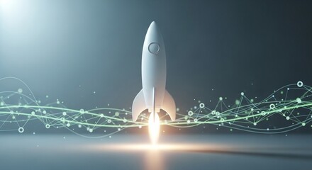 A white rocket ship takes off, emitting light and energy trails, symbolizing innovation, progress, and a successful launch.