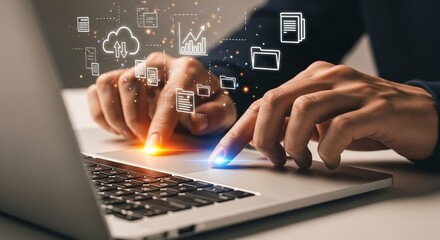 Close-up of hands typing on a laptop with digital icons overlayed, suggesting data management or online work.