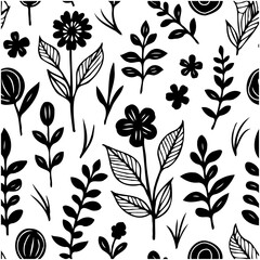Elegant botanical seamless pattern with hand-drawn flowers and leaves in black and white