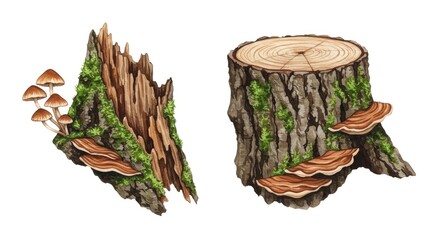 Mossy Tree Stump with Mushrooms Watercolor, Tree Stump with Mushrooms.