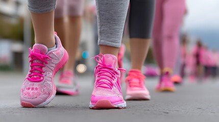 A group of women in bright pink running shoes and capri pants briskly walking for cancer awareness, their vibrant sneakers highlighted as they make their way down the road.