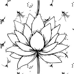 Elegant monochrome lotus flower illustration with delicate petal details and seamless design